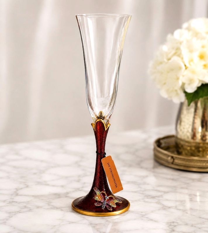 Jay Strongwater Butterfly Jeweled Champagne Flute Swarovski Crystal Red Enamel | Box &amp; Tag