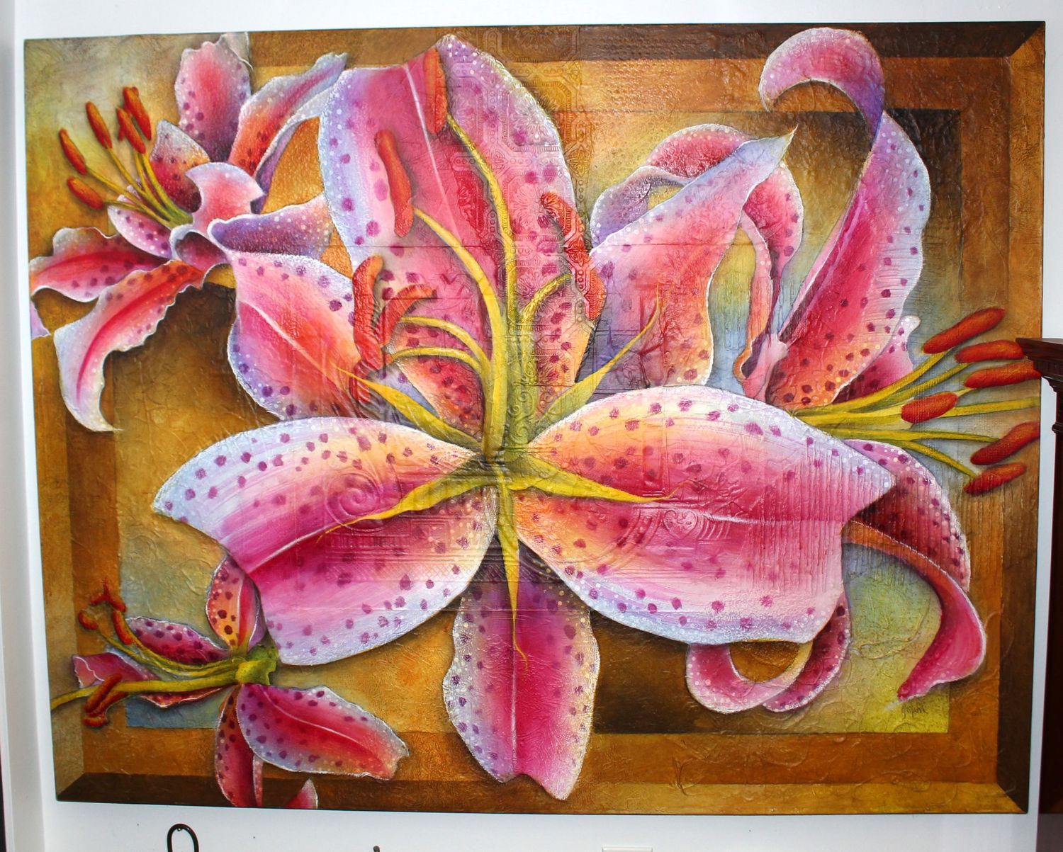 Massive Stargazer Lilies 60” x 48” Acrylic Painting on Canvas, Hand Signed