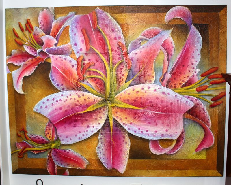 Massive Stargazer Lilies 60” x 48” Acrylic Painting on Canvas, Hand Signed