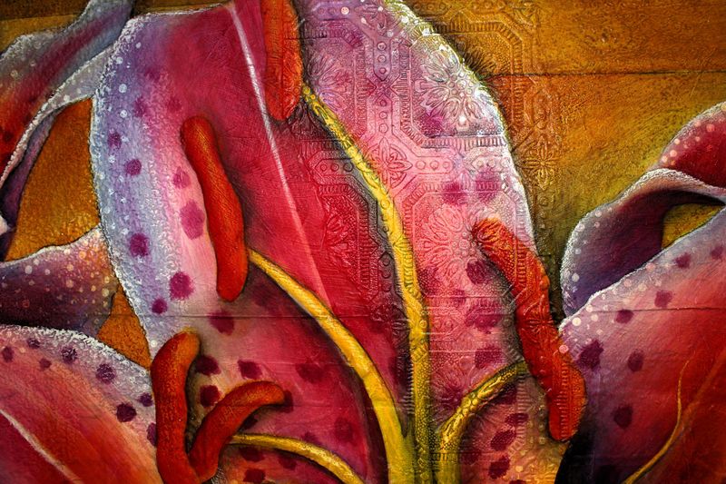 Massive Stargazer Lilies 60” x 48” Acrylic Painting on Canvas, Hand Signed