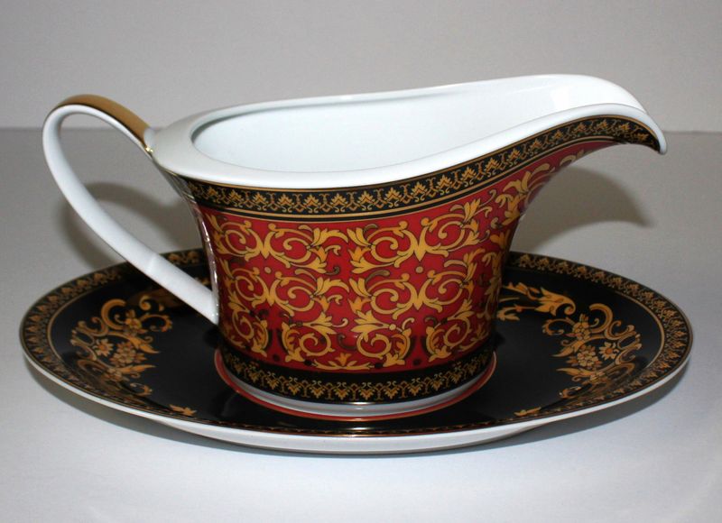Versace Rosenthal Medusa Red Open Gravy Boat &amp; Underplate Set, Germany - NEW