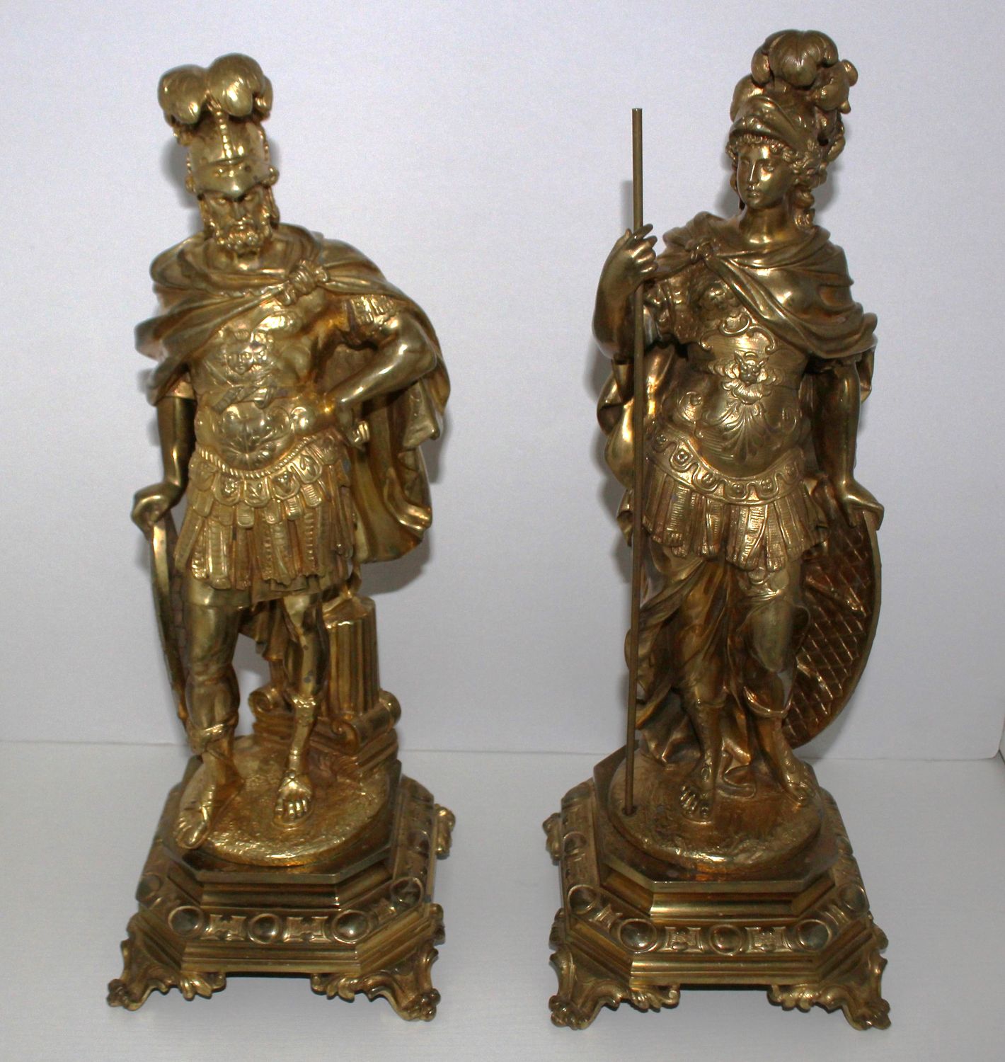 Antique Pair of French Mars and Minerva Gilt Bronze Sculptures, 19th Century