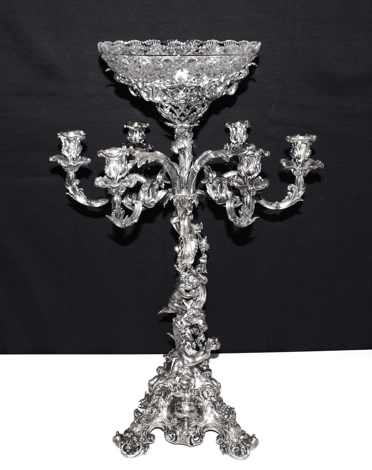 Antique English Victorian Silverplate Epergne Centerpiece 1891 Cherubs Grapevine 29” Monumental Figural Centerpiece