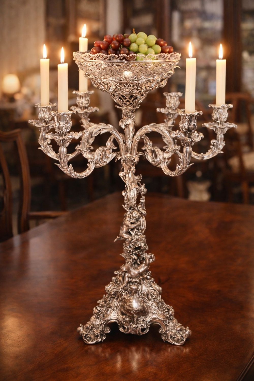 Antique English Victorian Silverplate Epergne Centerpiece 1891 Cherubs Grapevine 29” Monumental Figural Centerpiece