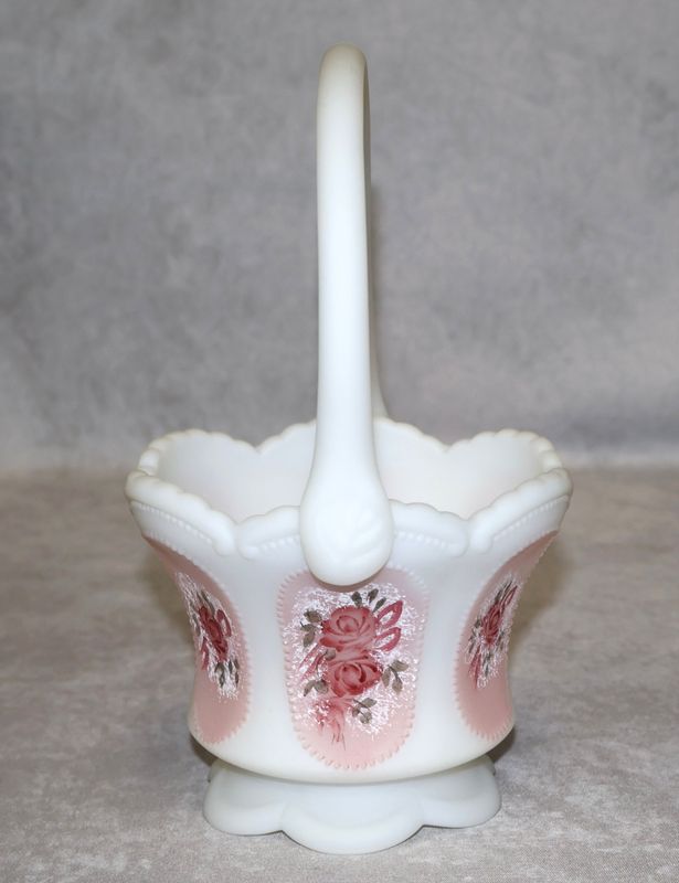 Fenton Victorian Rose White Satin Art Glass Basket G.J. Hulibaid Signed 7.75”
