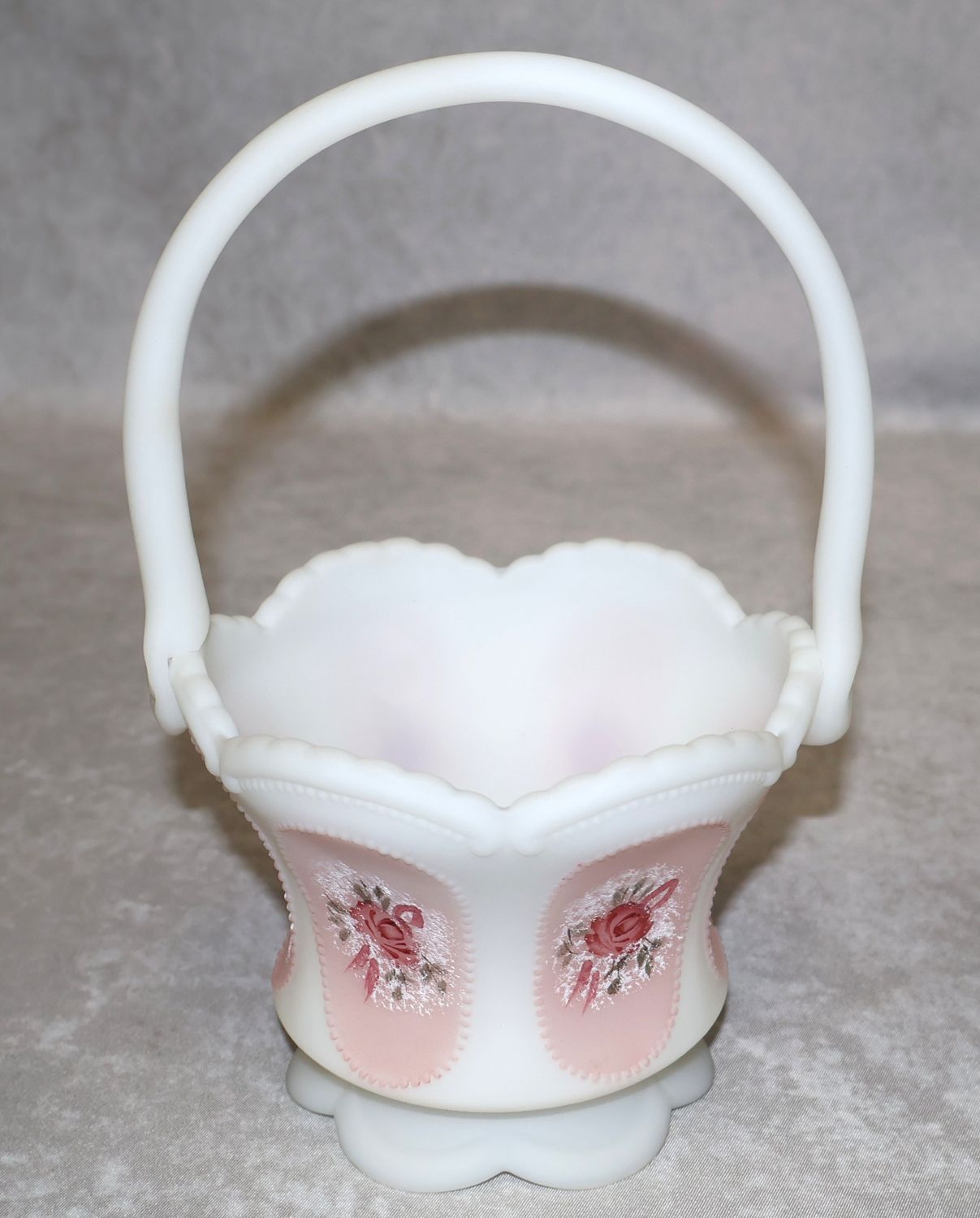 Fenton Victorian Rose White Satin Art Glass Basket G.J. Hulibaid Signed 7.75”