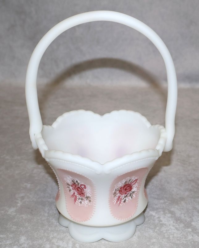 Fenton Victorian Rose White Satin Art Glass Basket G.J. Hulibaid Signed 7.75”
