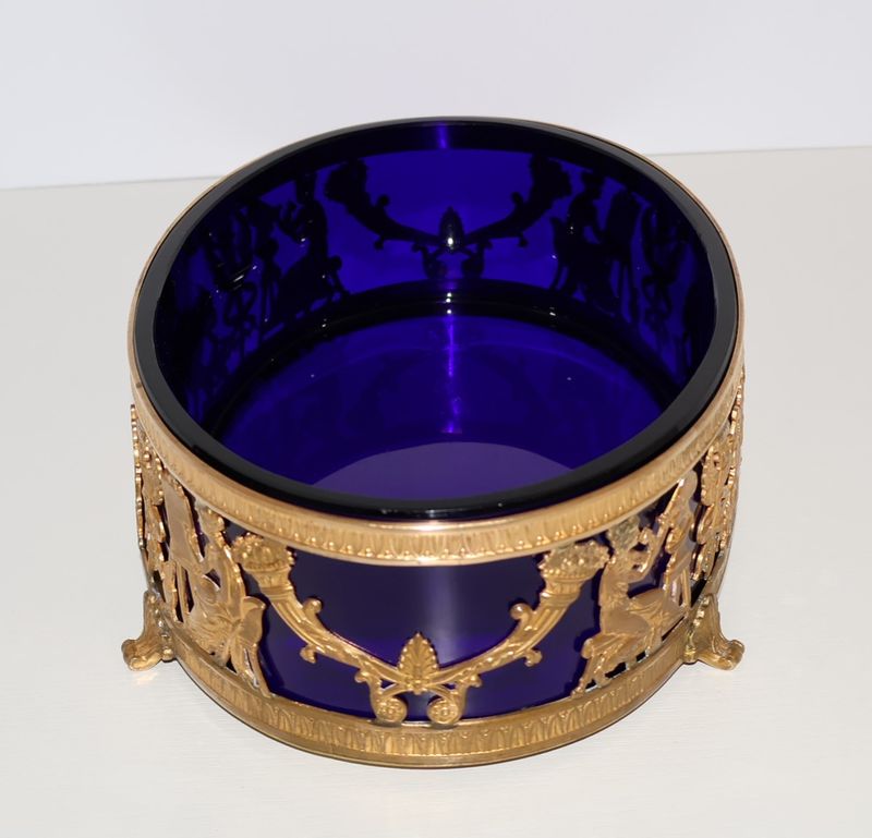 Antique French Louis XVI Gilt Bronze Centerpiece Bowl with Cobalt Crystal Liner – Charles-Louis Ezin, Paris | Late 19th Century