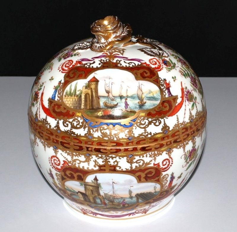 Antique Helena Wolfsohn Dresden Porcelain Harbor Scene Covered Bowl c.1880 | Crown D Mark