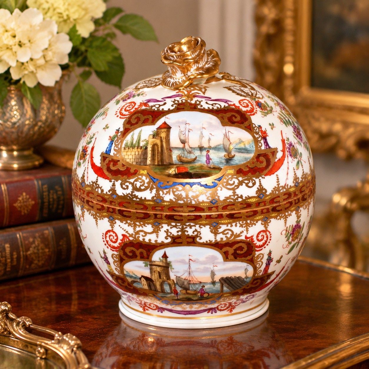 Antique Helena Wolfsohn Dresden Porcelain Harbor Scene Covered Bowl c.1880 | Crown D Mark