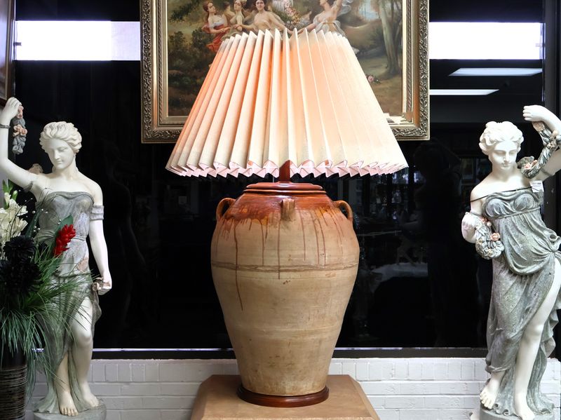 French 19th Century Massive 61” Terracotta Olive Oil Jar Lamp | Custom Raffia Shade &amp; Base