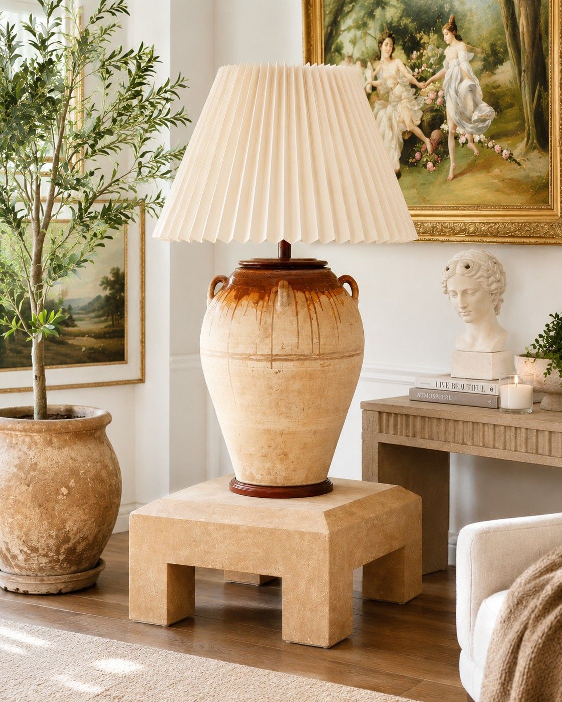 Monumental French Terracotta Olive Jar Floor Lamp with Custom Raffia Shade &amp; Designer Pedestal Base