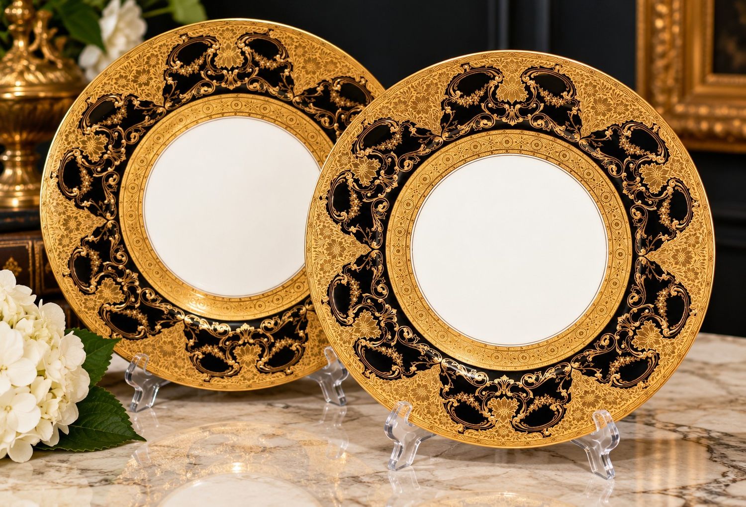 Pair of Royal Worcester True Black &amp; Raised Gold Dinner Plates for Soane &amp; Smith | 1926