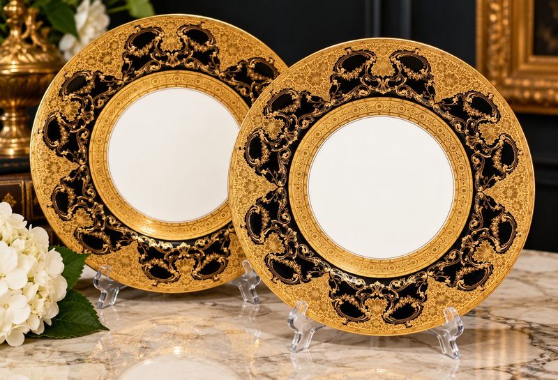 Pair of Royal Worcester True Black &amp; Raised Gold Dinner Plates for Soane &amp; Smith | 1926