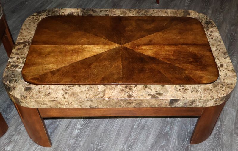 Ashley Furniture Mahogany &amp; Marble Top Coffee Table &amp; End Table Set – 2 Piece Occasional Table Collection
