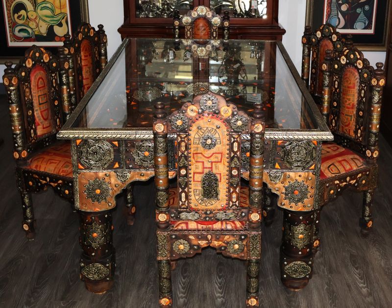 Vintage Moroccan Camel Bone, Brass &amp; Copper Dining Table w/ Glass Top &amp; 6 Chairs – Rare