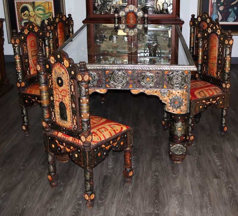 Vintage Moroccan Camel Bone, Brass &amp; Copper Dining Table w/ Glass Top &amp; 6 Chairs – Rare