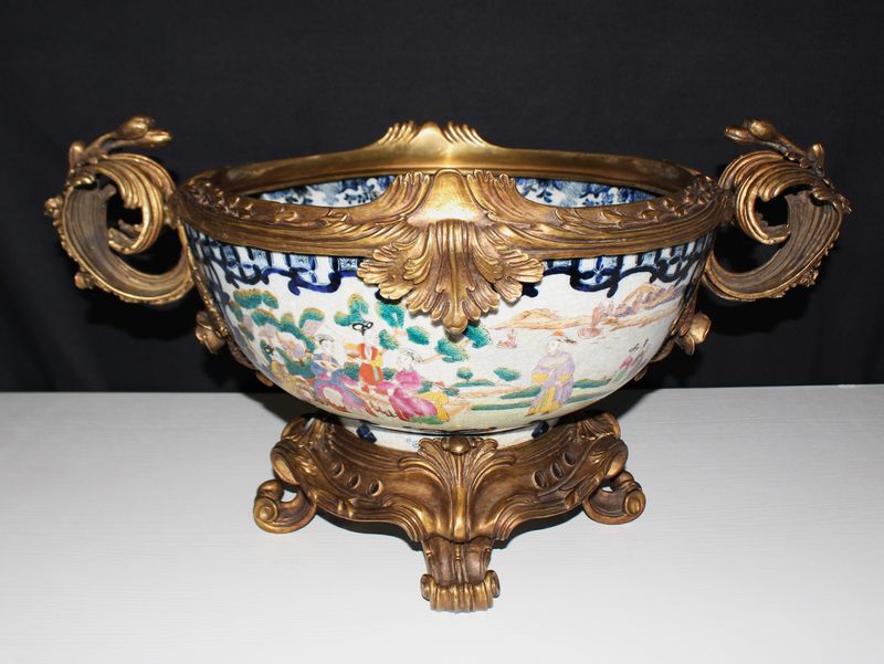 United Wilson Very Large Chinese Porcelain Jardinière w/ French Gilt Bronze Ormolu Pedestal Stand