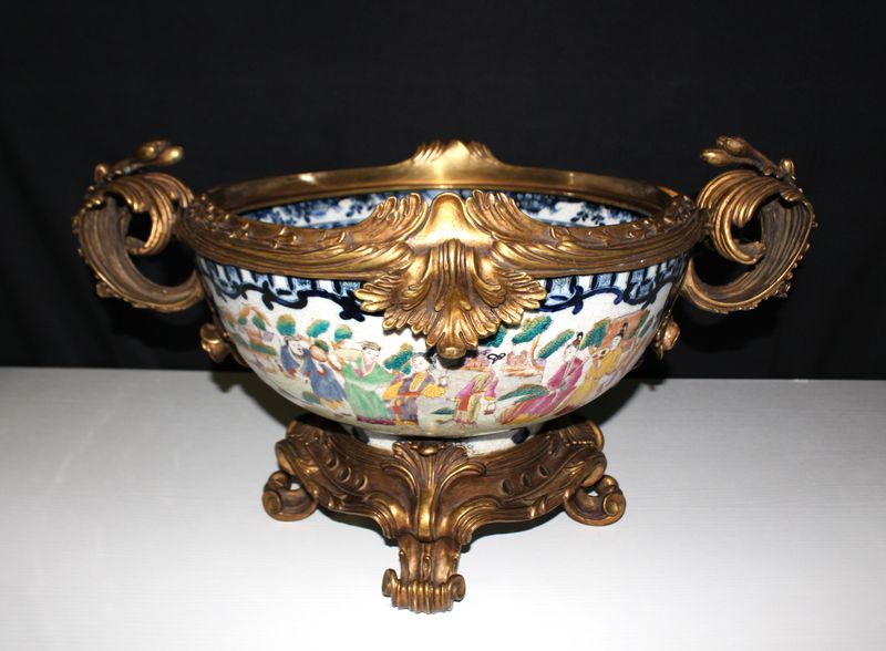 United Wilson Very Large Chinese Porcelain Jardinière w/ French Gilt Bronze Ormolu Pedestal Stand