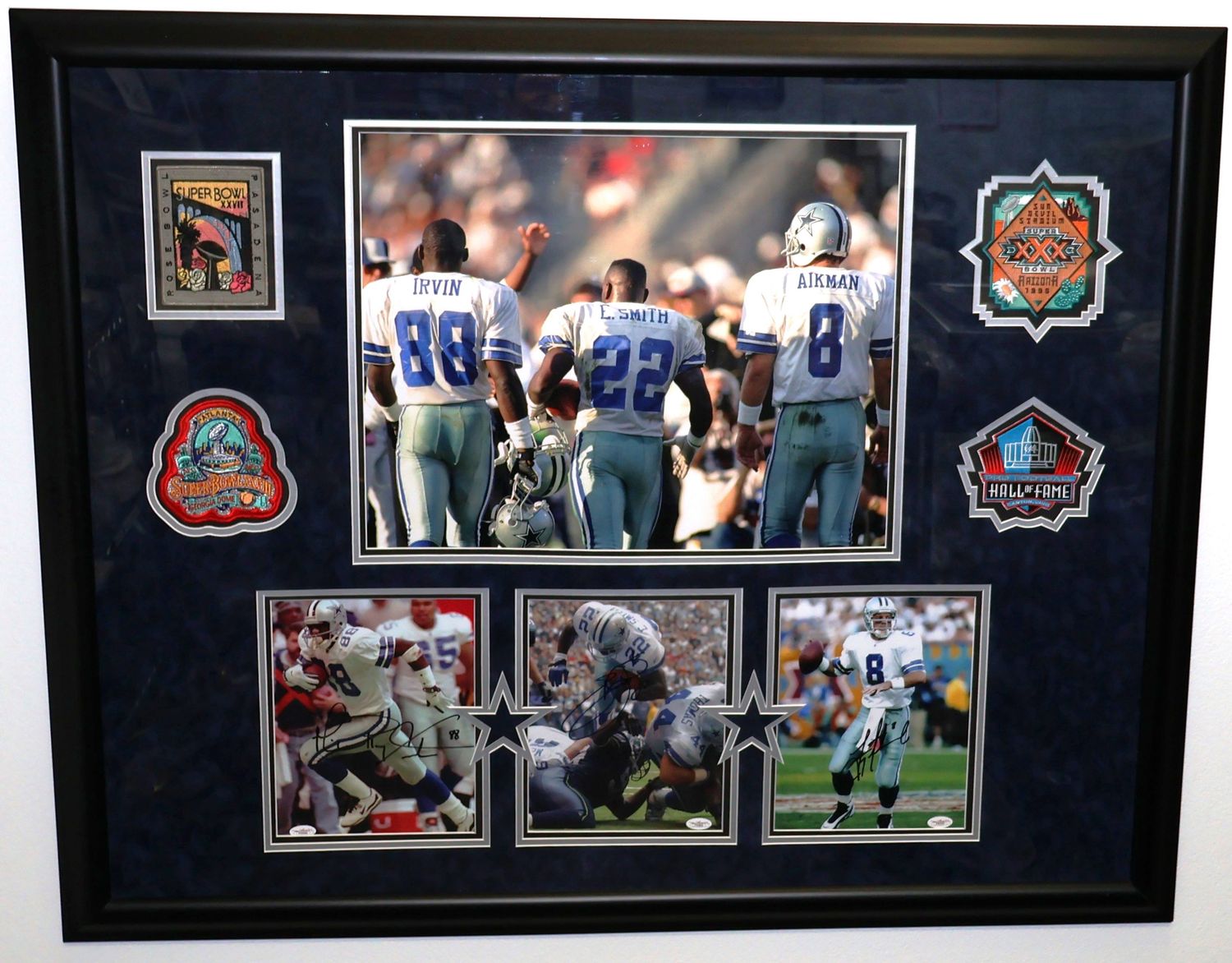 Dallas Cowboys Triplets Signed Memorabilia Display 44x36 | Aikman Irvin Smith | JSA Authenticated