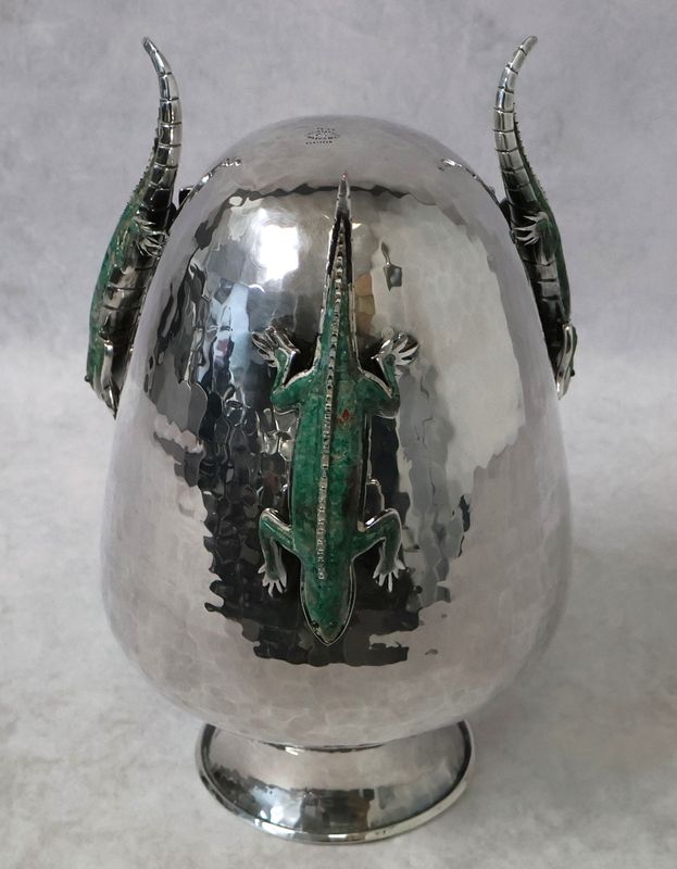 Emilia Castillo Taxco Hammered Silver Plate Tripod Malachite Lizard Vase Signed | 10.75”