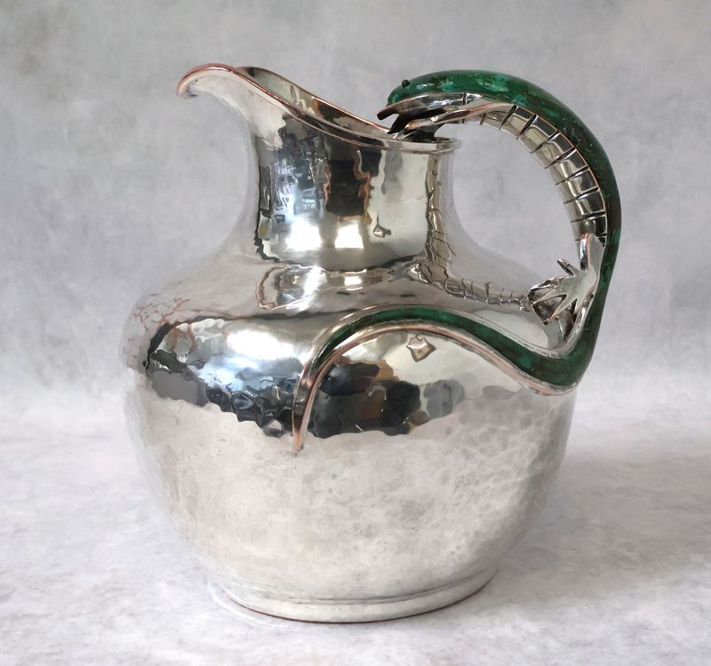 Emilia Castillo Taxco Hammered Silver Plated Water Pitcher w/ Malachite Lizard Handle | Signed