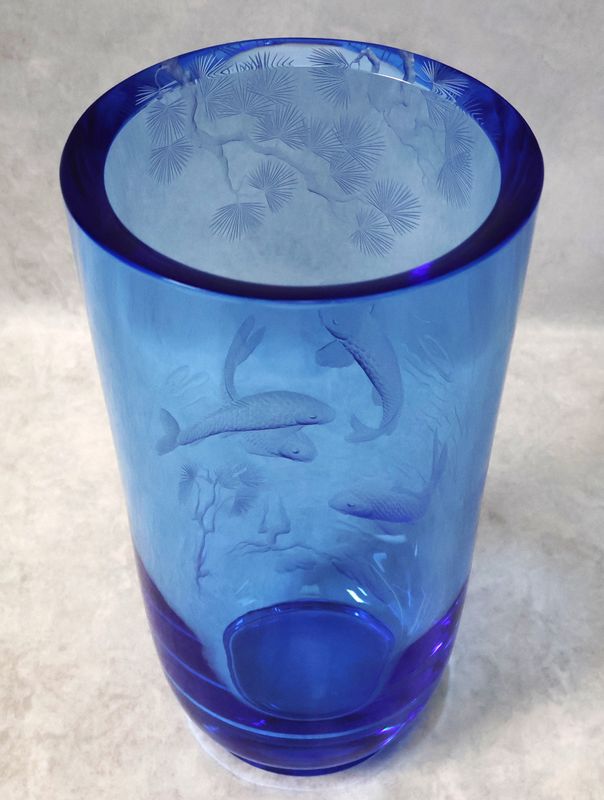 Moser “Paradise Aquamarine” Engraved Cobalt Crystal Vase, 12”, Signed T. Bobela (AK336)