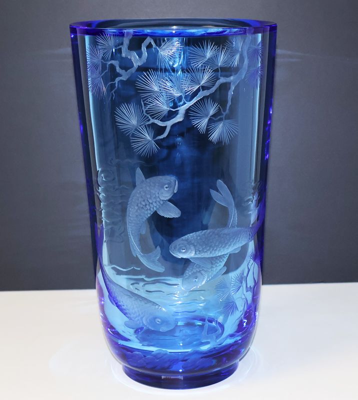 Moser Paradise Aquamarine Engraved Cobalt Crystal Vase 12" Signed T. Bobela | AK336