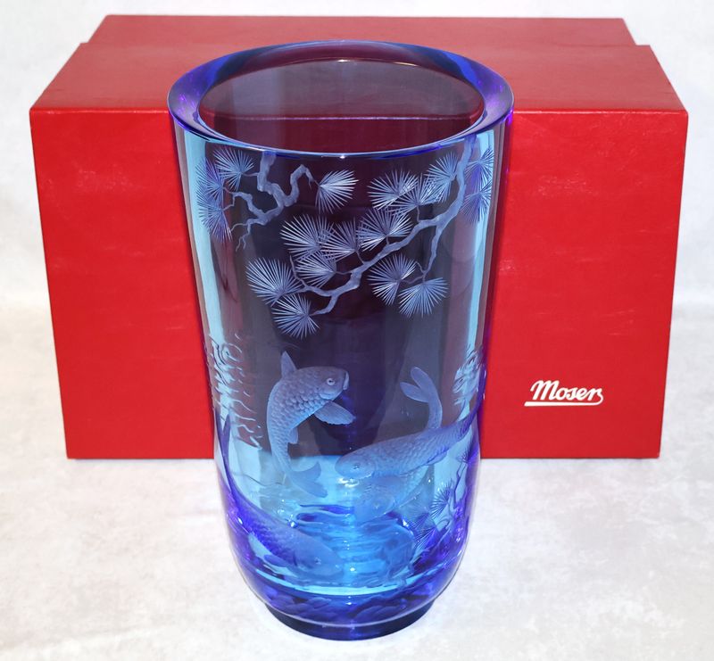 Moser Paradise Aquamarine Engraved Cobalt Crystal Vase 12" Signed T. Bobela | AK336