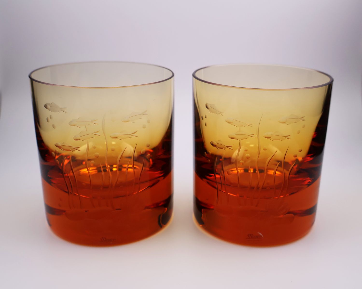 Pair of Moser Ocean Life Double Old Fashioned Whiskey Glasses – Topaz Scene 1