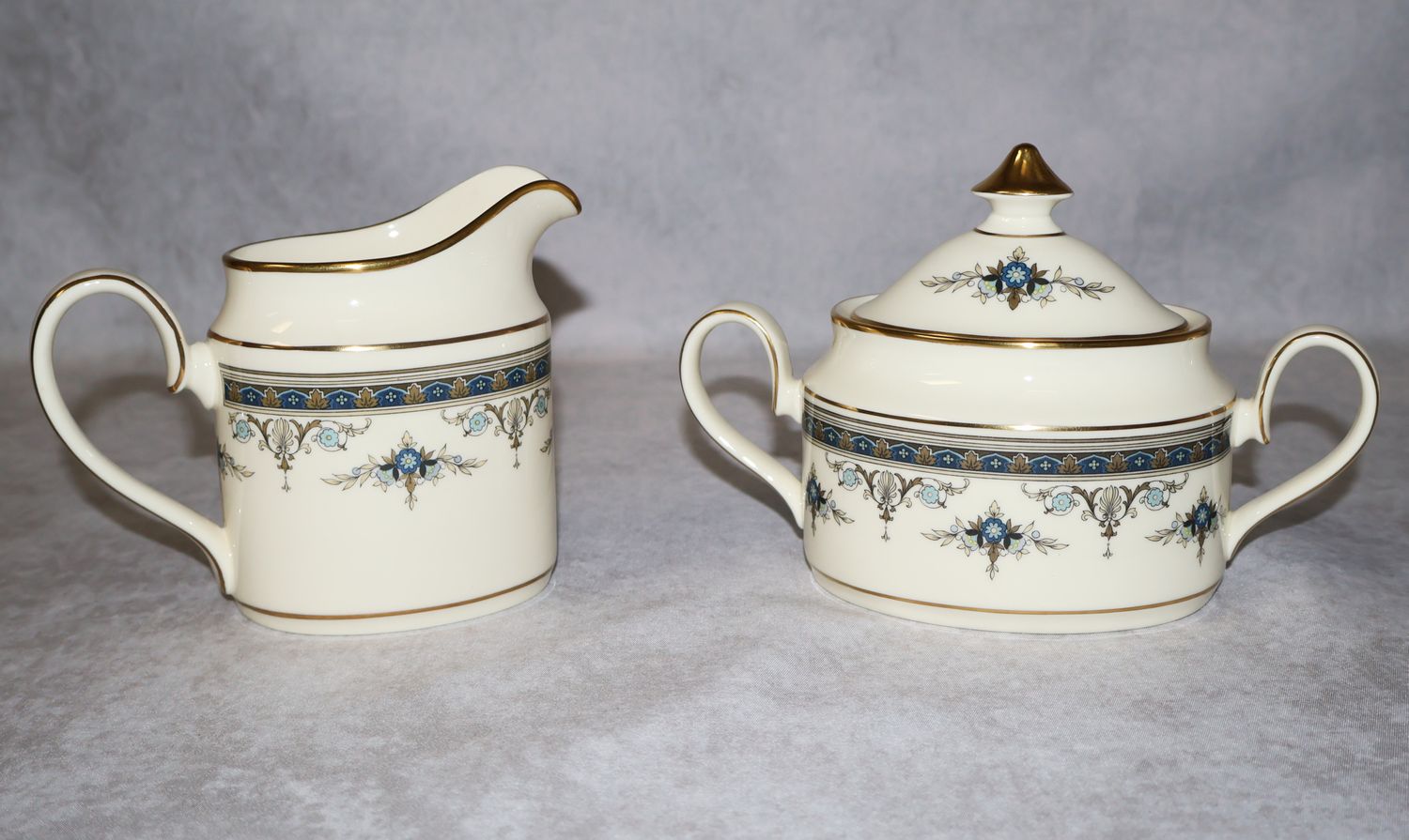 Minton Grasmere Blue Creamer &amp; Sugar Bowl Set with Lid | Fine Bone China England