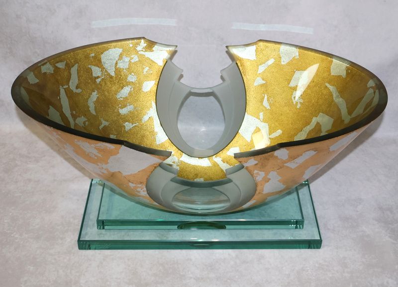 Robert Guenther Large 19.75" Studio Art Glass Gold Leaf Oval Centerpiece Bowl – Signed