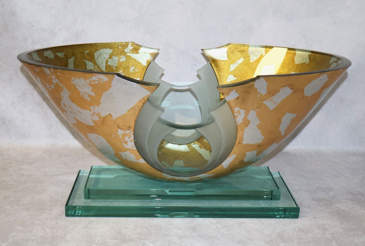 Robert Guenther Large 19.75" Studio Art Glass Gold Leaf Oval Centerpiece Bowl – Signed