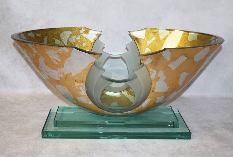 Robert Guenther Large 19.75" Studio Art Glass Gold Leaf Oval Centerpiece Bowl – Signed