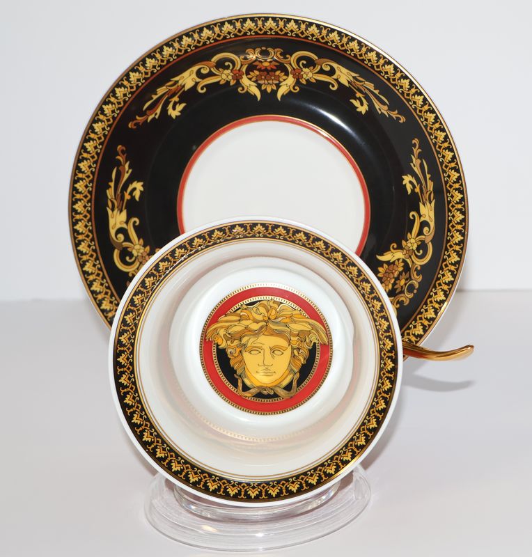 Versace Rosenthal Medusa Red Flat Cup &amp; Saucer Set Gold Handle Germany – Multiple Sets Available