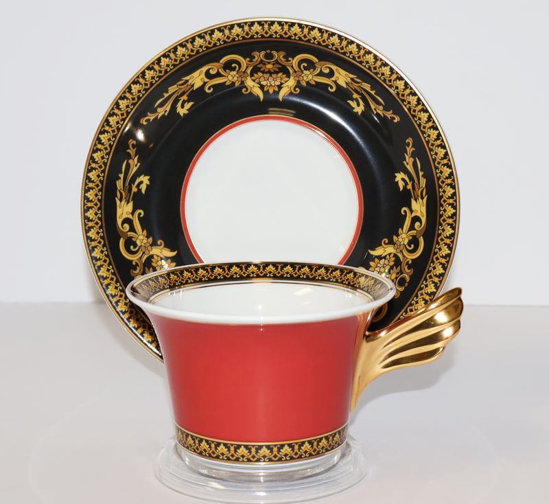 Versace Rosenthal Medusa Red Flat Cup &amp; Saucer Set Gold Handle Germany – Multiple Sets Available