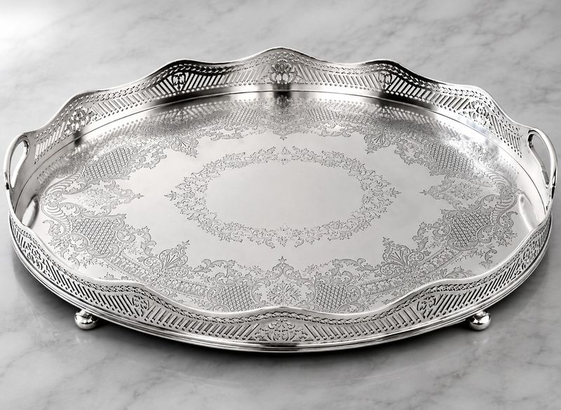 Antique Henry Atkin 1824 Georgian Sterling Silver 22 Antique Henry Atkin 1824 Georgian Sterling Silver 22" Oval Serving Tray 8.4 lbs. London