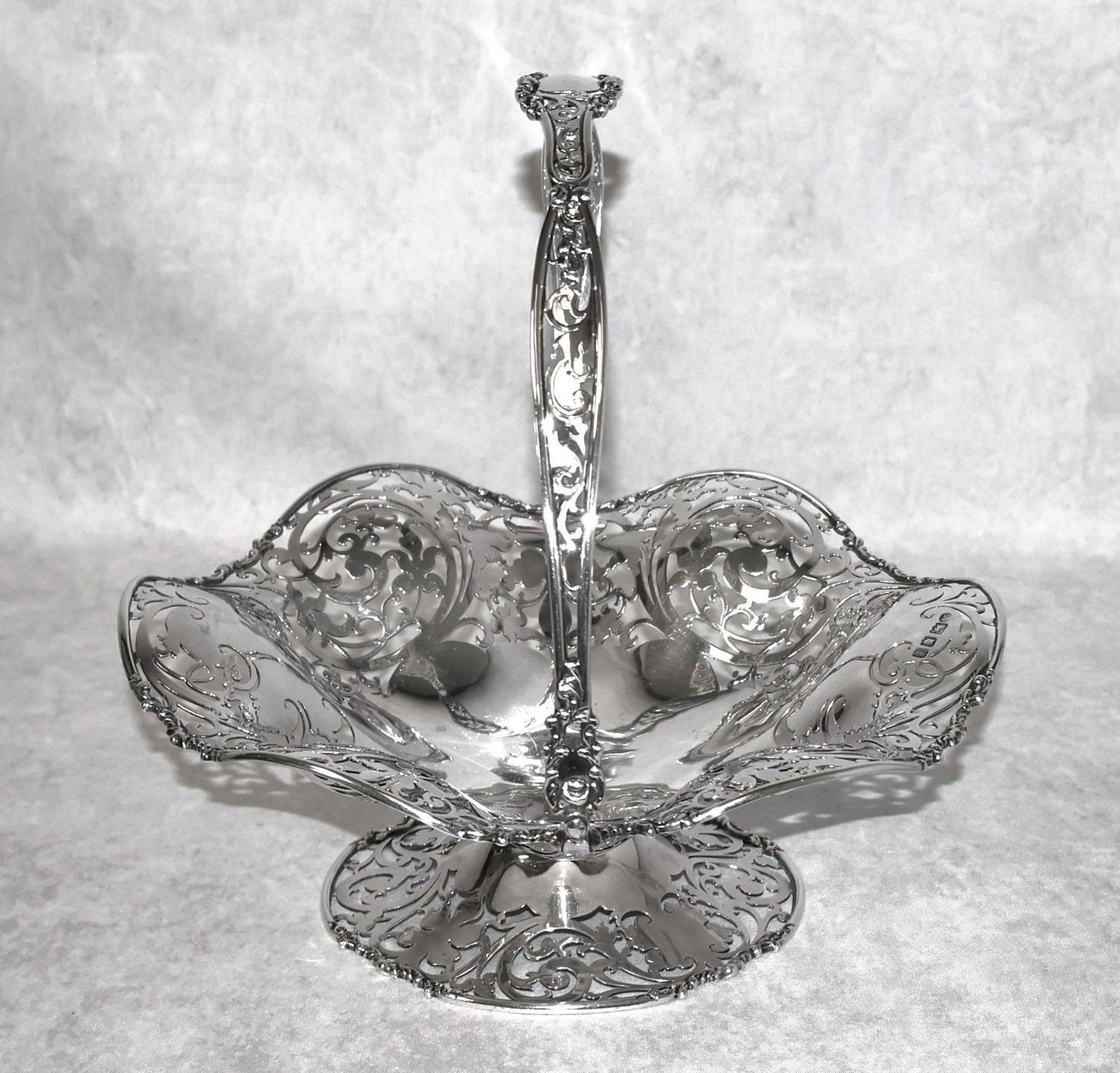 D.F. Fullerton London 1921 Sterling Silver Pierced Swing Handle Pedestal Basket – 618 grams