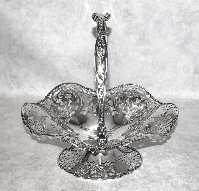 D.F. Fullerton London 1921 Sterling Silver Pierced Swing Handle Pedestal Basket – 618 grams