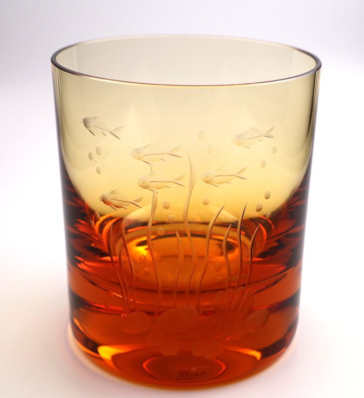 Moser Ocean Life Topaz Crystal Double Old-Fashioned Tumbler Whiskey Glass - Waterworld Scene 1 | Box &amp; COA