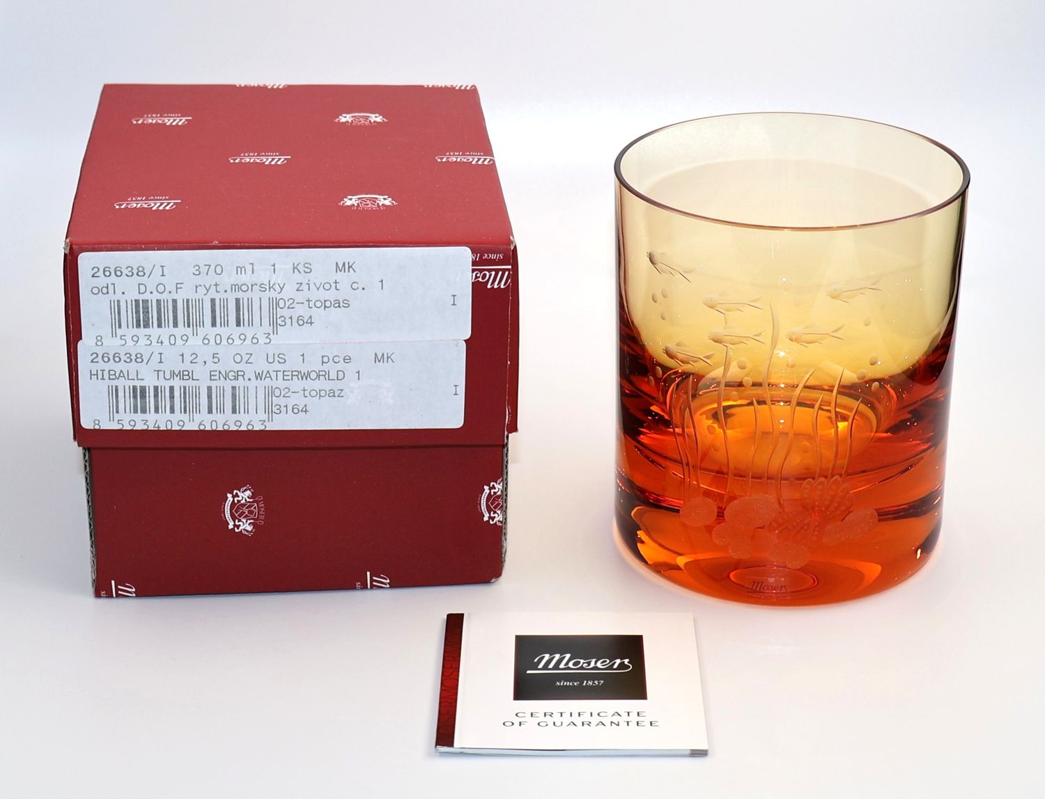 Moser Ocean Life Topaz Crystal Double Old-Fashioned Tumbler Whiskey Glass - Waterworld Scene 1 | Box &amp; COA