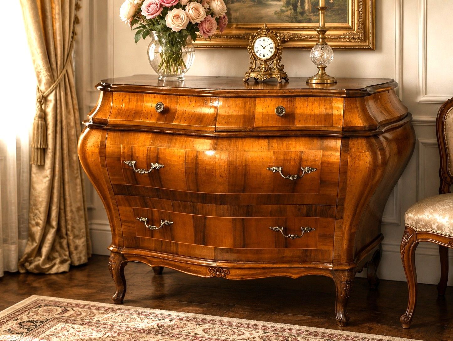 Italian Louis XV Bombe Serpentine Commode Chest | Walnut &amp; Olivewood Veneer – Made in Italy