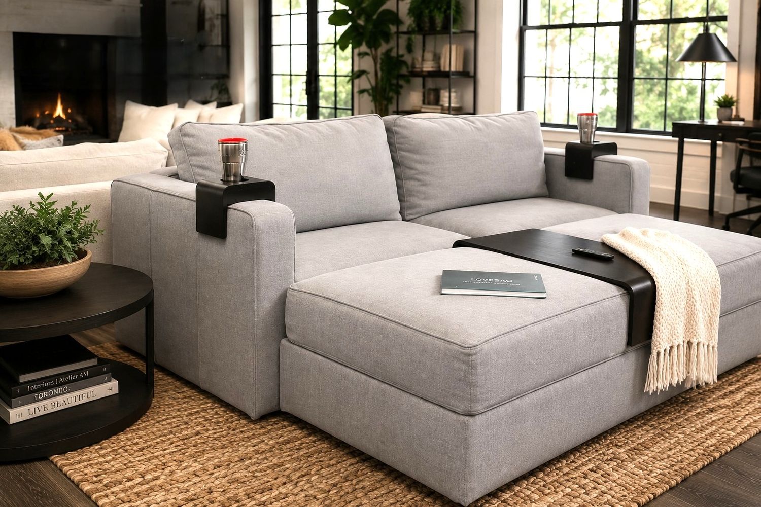 Lovesac 6 Series Sactional with StealthTech Sound + Charge System – Flagstone Brushed Weave | Storage + Guest Rest Kit | Like New