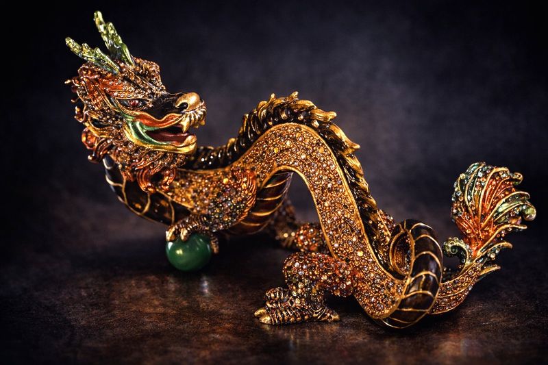 Jay Strongwater Shen Lung 8.5” Dragon Figurine with Green Orb | Swarovski Crystals Enamel – Rare