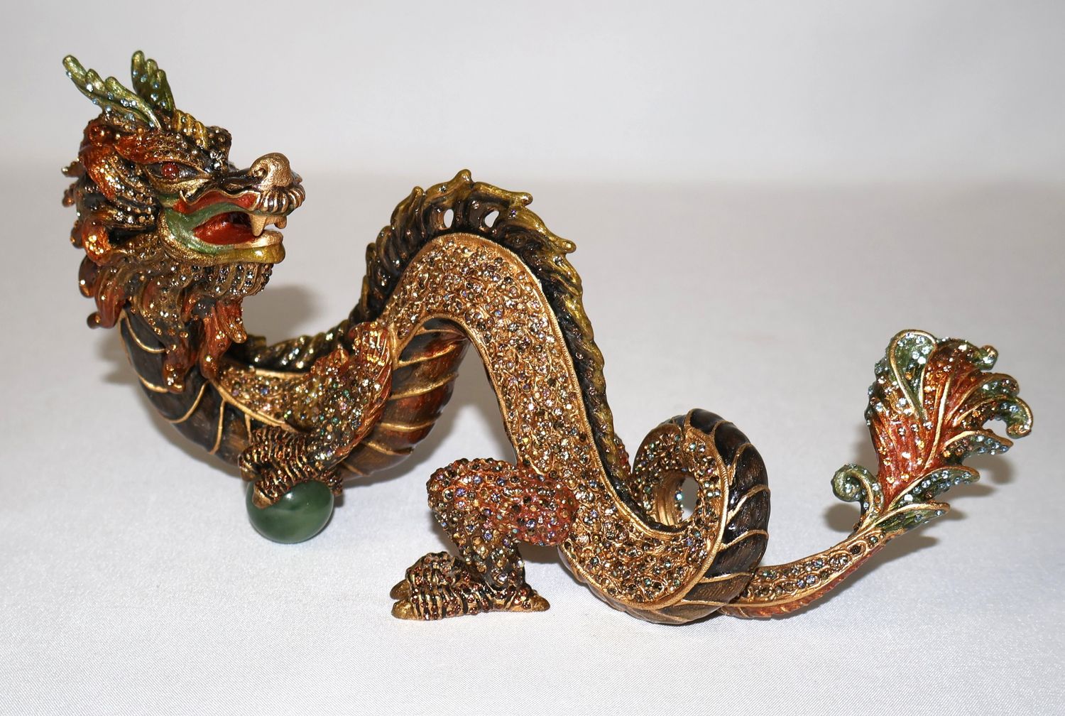 Jay Strongwater Shen Lung 8.5” Dragon Figurine with Green Orb | Swarovski Crystals Enamel – Rare