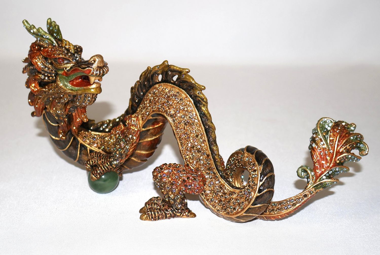Jay Strongwater Shen Lung Dragon Swarovski Crystal Figurine with Green Orb | 8.5”