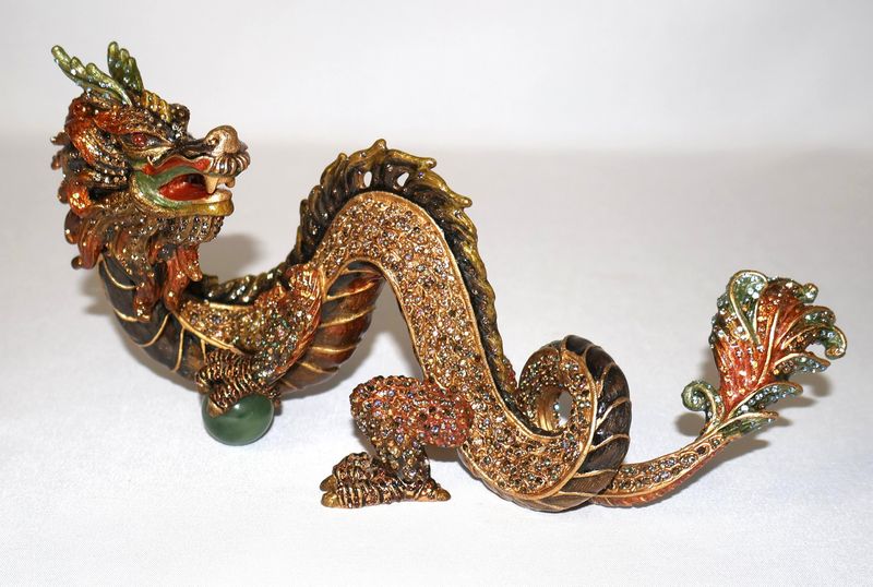 Jay Strongwater Shen Lung Dragon Swarovski Crystal Figurine with Green Orb | 8.5”