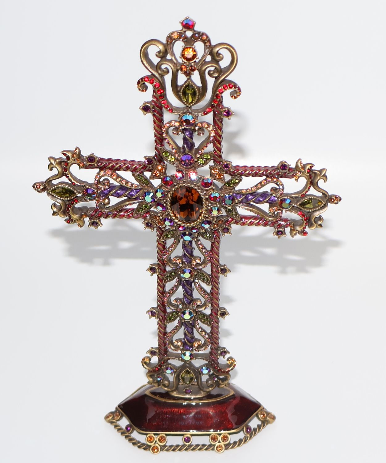 Jay Strongwater Jeweled Tabletop Cross on Base – Swarovski Crystal &amp; Enamel | 8” Signed Religious Décor