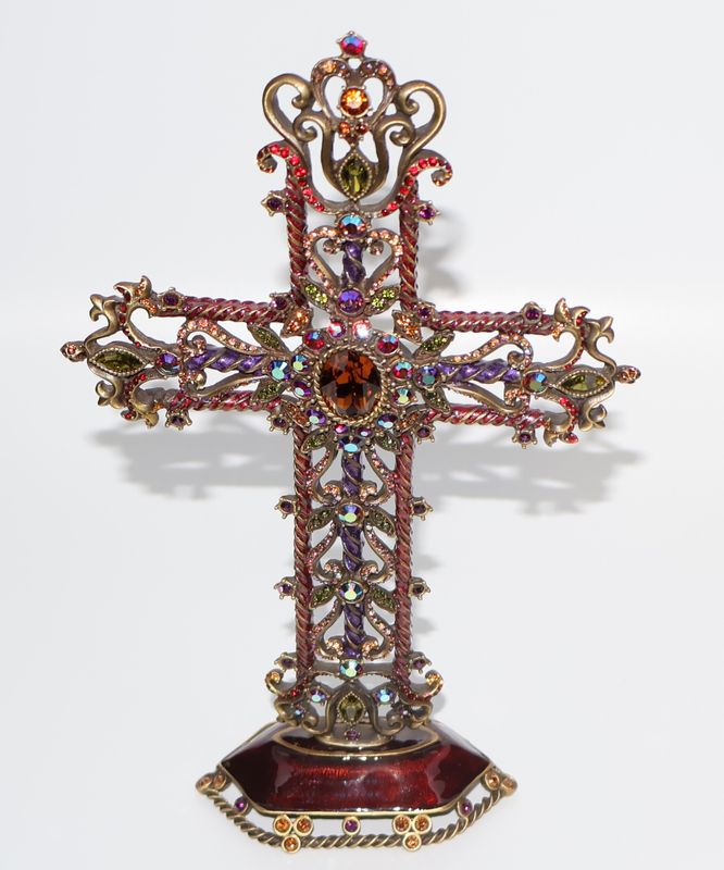 Jay Strongwater Jeweled Tabletop Cross on Base – Swarovski Crystal &amp; Enamel | 8” Signed Religious Décor