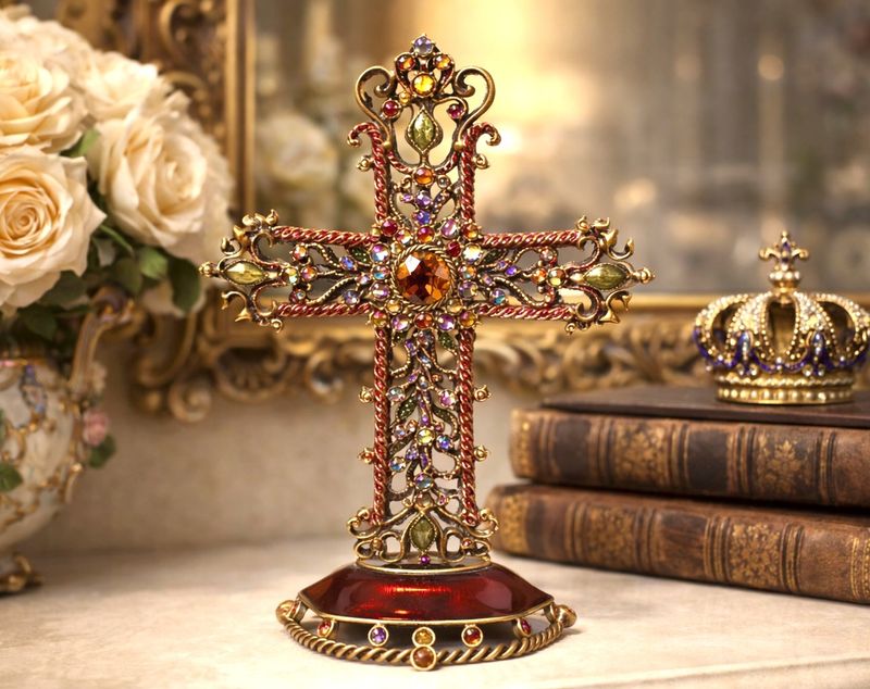 Jay Strongwater Jeweled Tabletop Cross on Base – Swarovski Crystal &amp; Enamel | 8” Signed Religious Décor